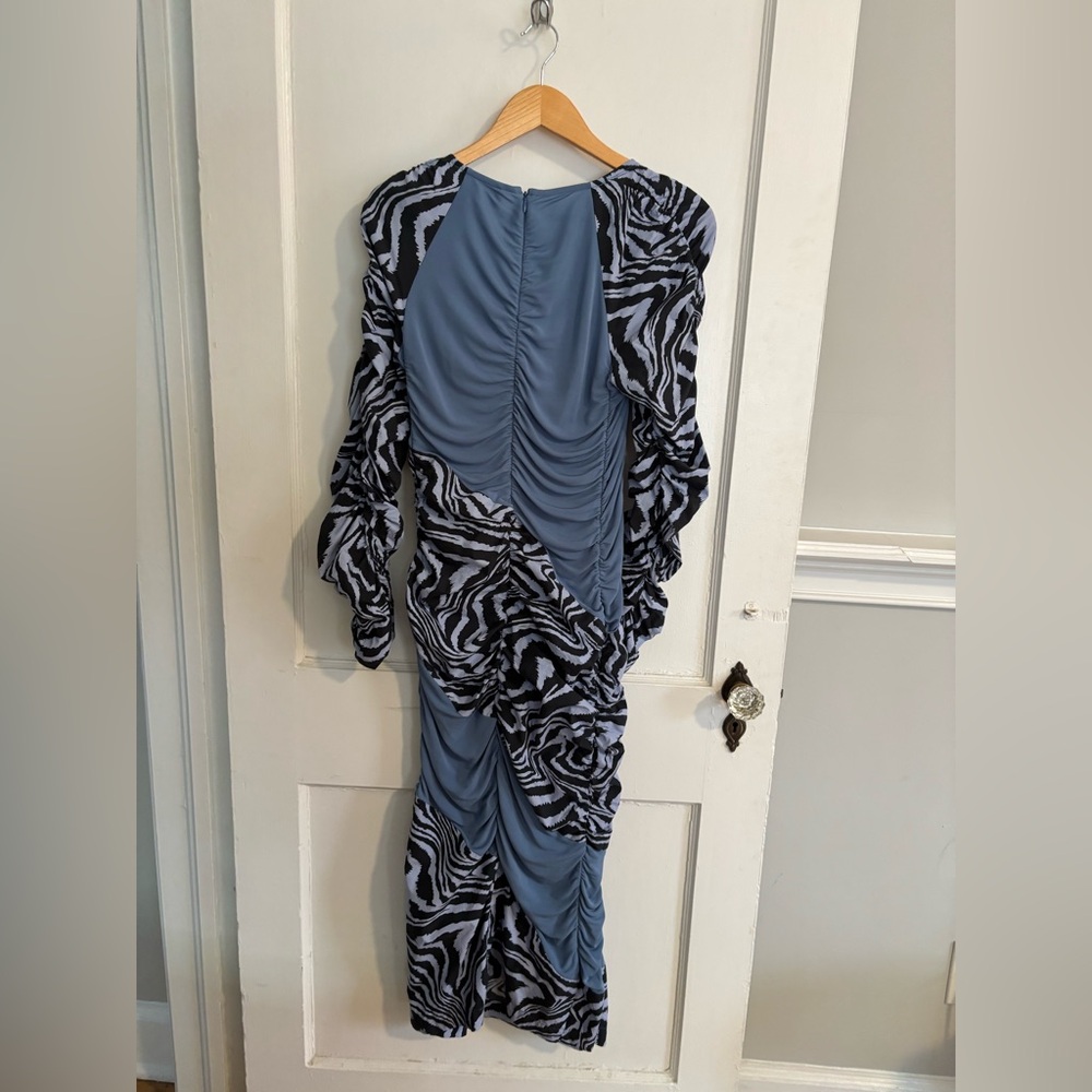 GANNI x AHLUWALIA Ruched Patchwork Cotton Poplin Mesh Midi Dress Size 38 (6) - Picture 10 of 12